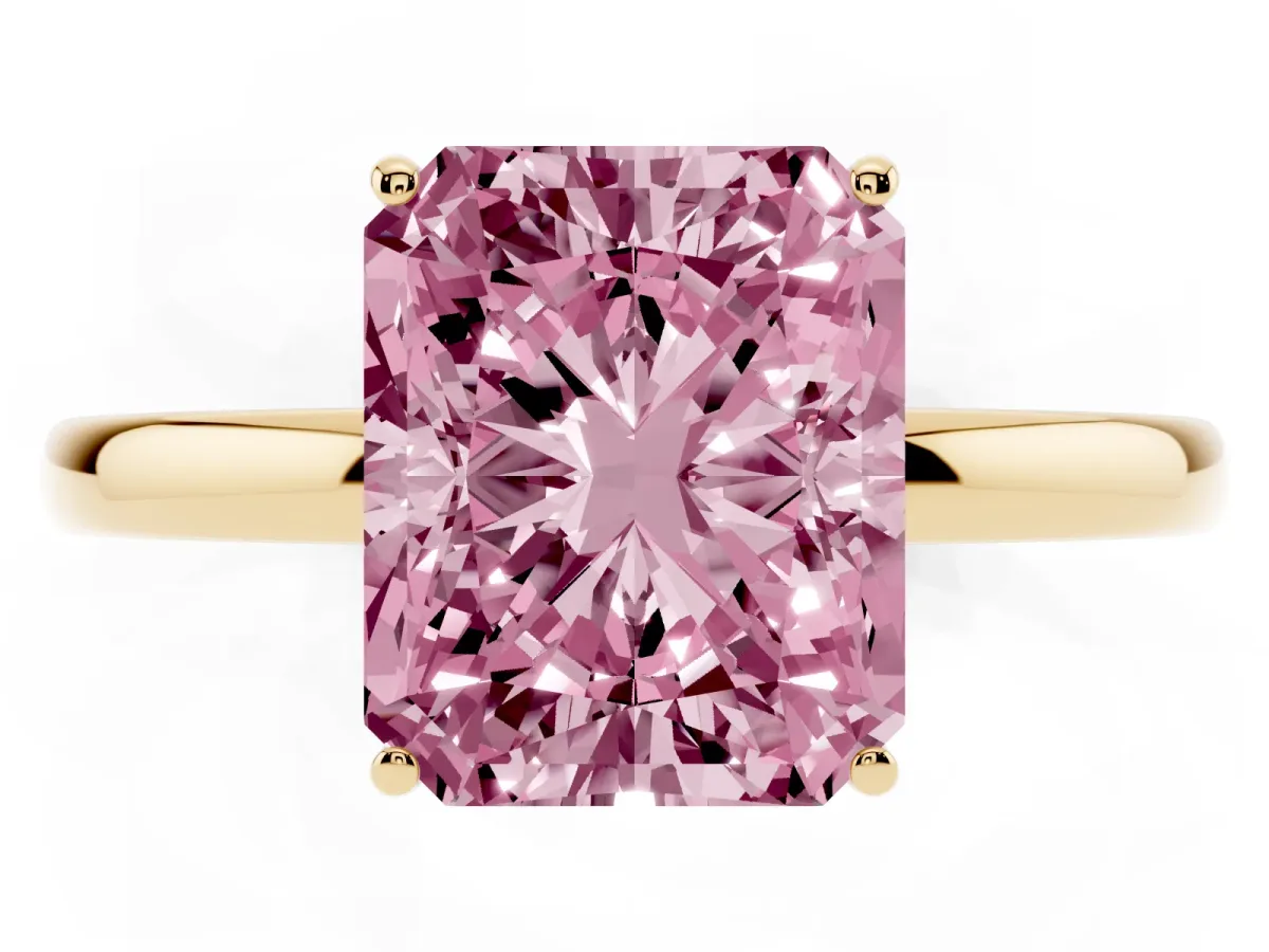 Fancy Pink Radiant Cut Solitaire Diamond Ring with Prong Setting and Plain Band Yellow gold