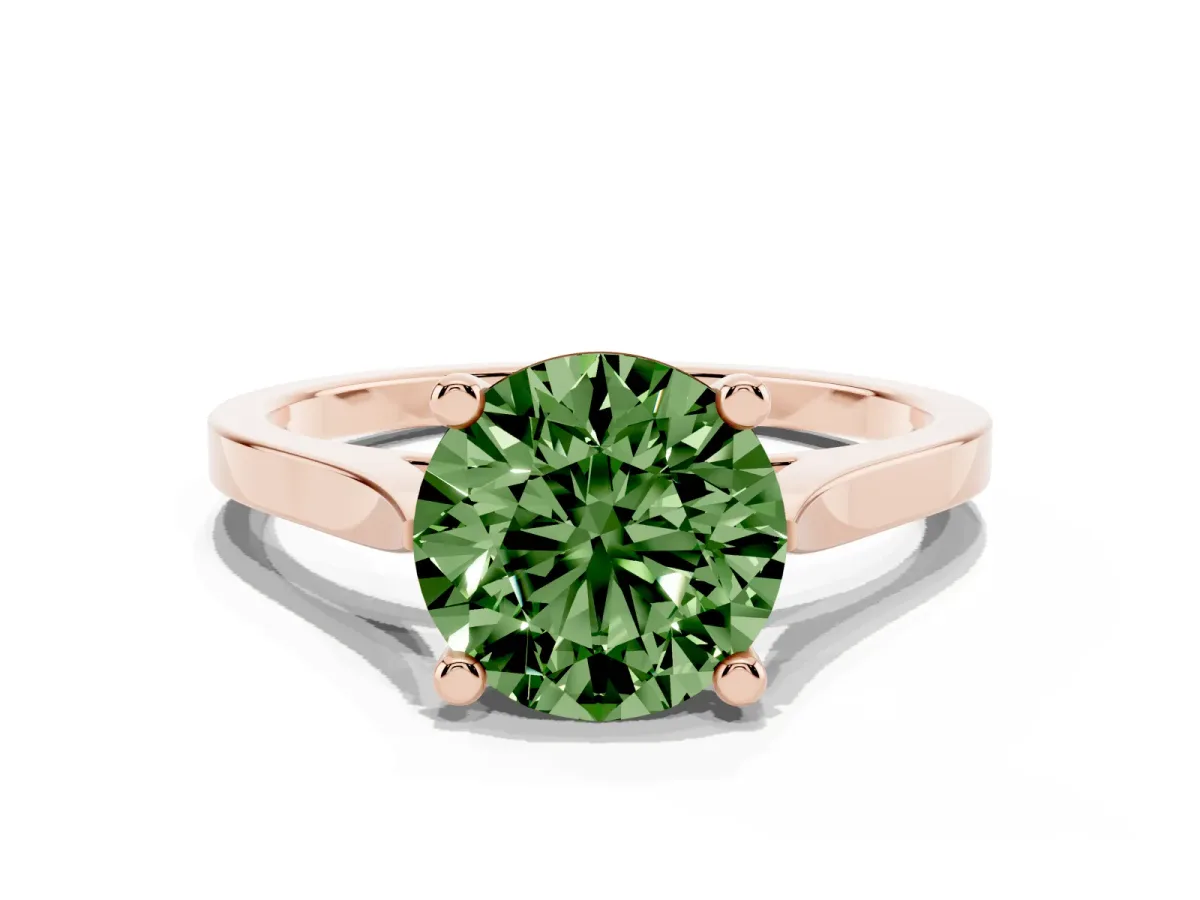 Fancy Green Round Cut Solitaire Diamond Ring with Four-Prong Setting and Tapered Band Rose gold