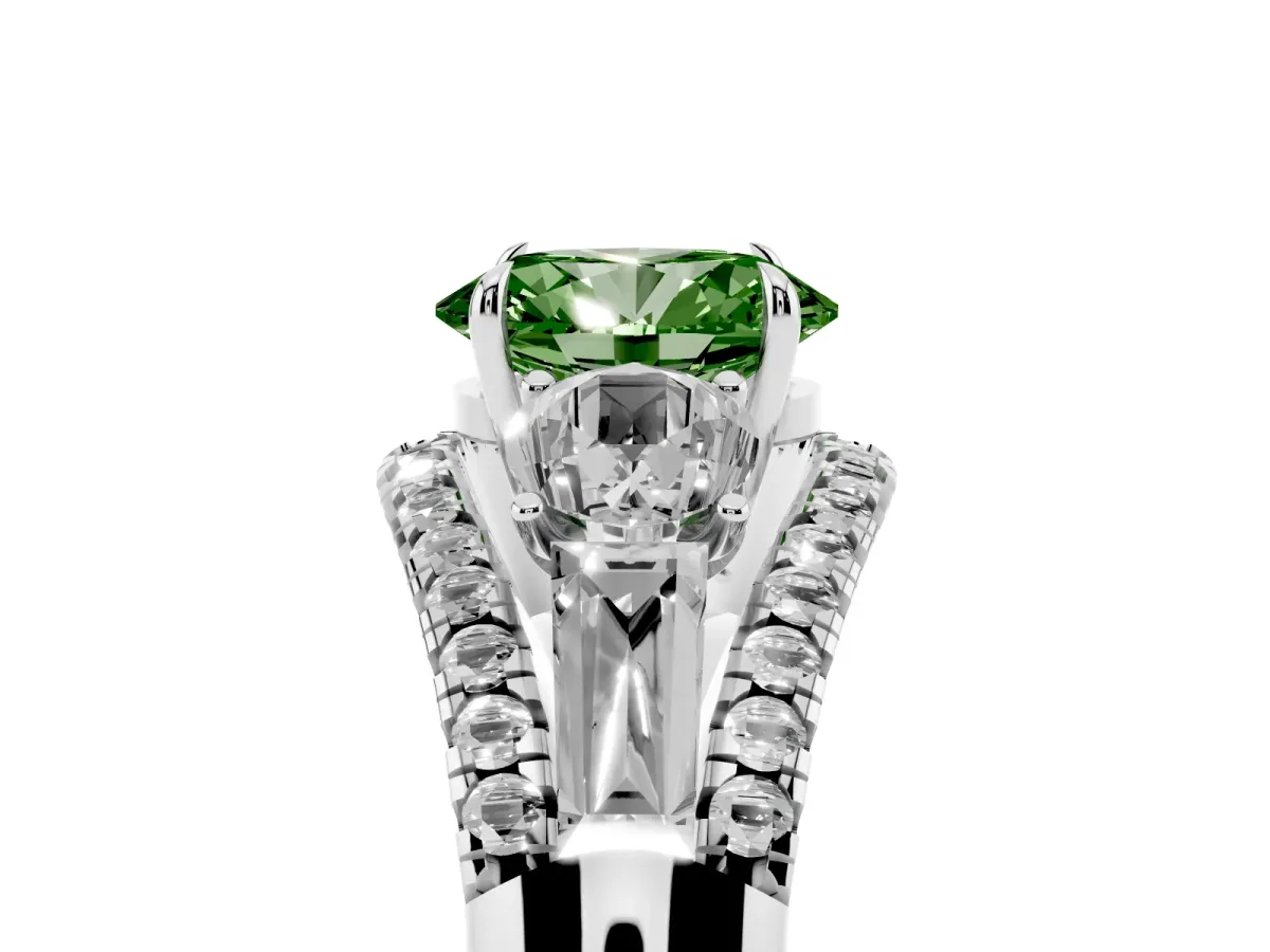 Fancy Green Three-Stone Oval Cut Diamond Engagement Ring with Pave Band and Prong Setting Silver