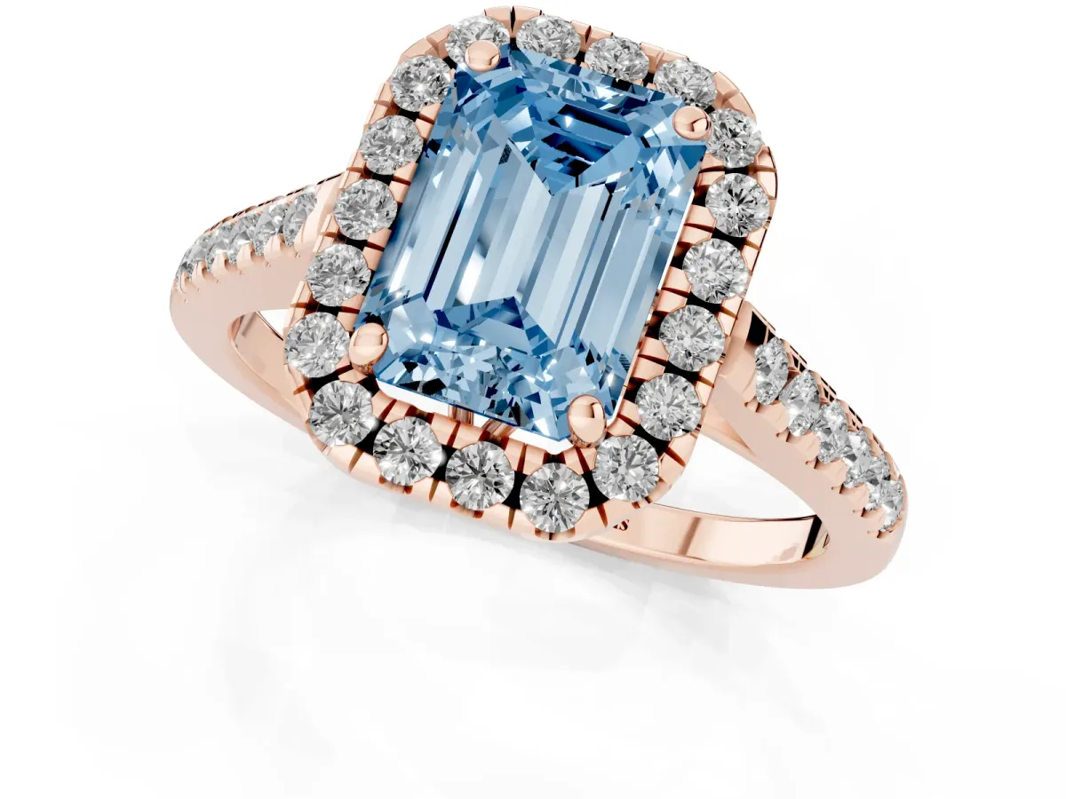 Fancy Blue Emerald Cut Halo Pavé Diamond Engagement Ring with Four-Prong Setting Rose gold