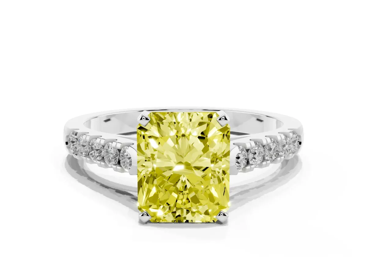 Fancy Yellow Radiant Cut Diamond Pavé Band Solitaire Ring with Prong Setting Silver
