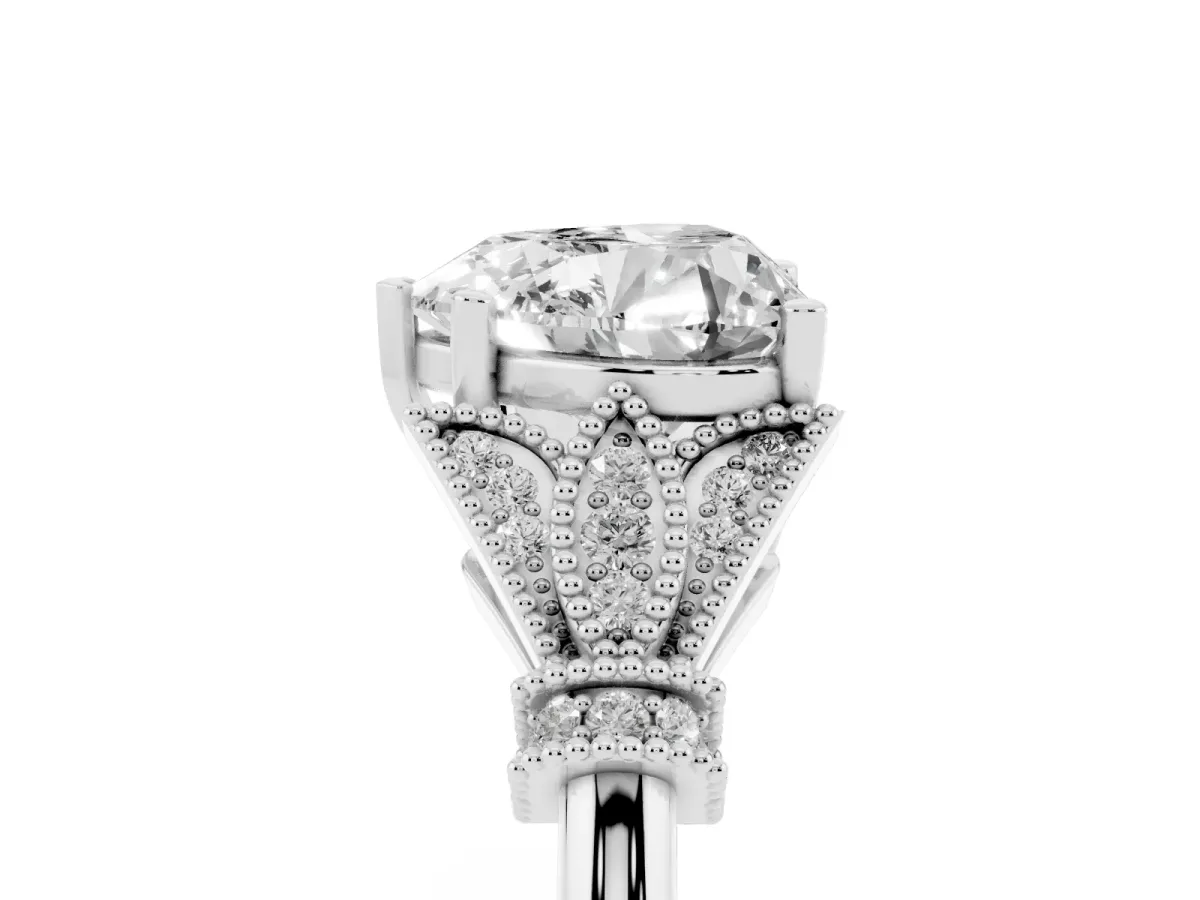 Heart Cut Diamond Solitaire Ring with Floral Filigree and Pave Accents White gold