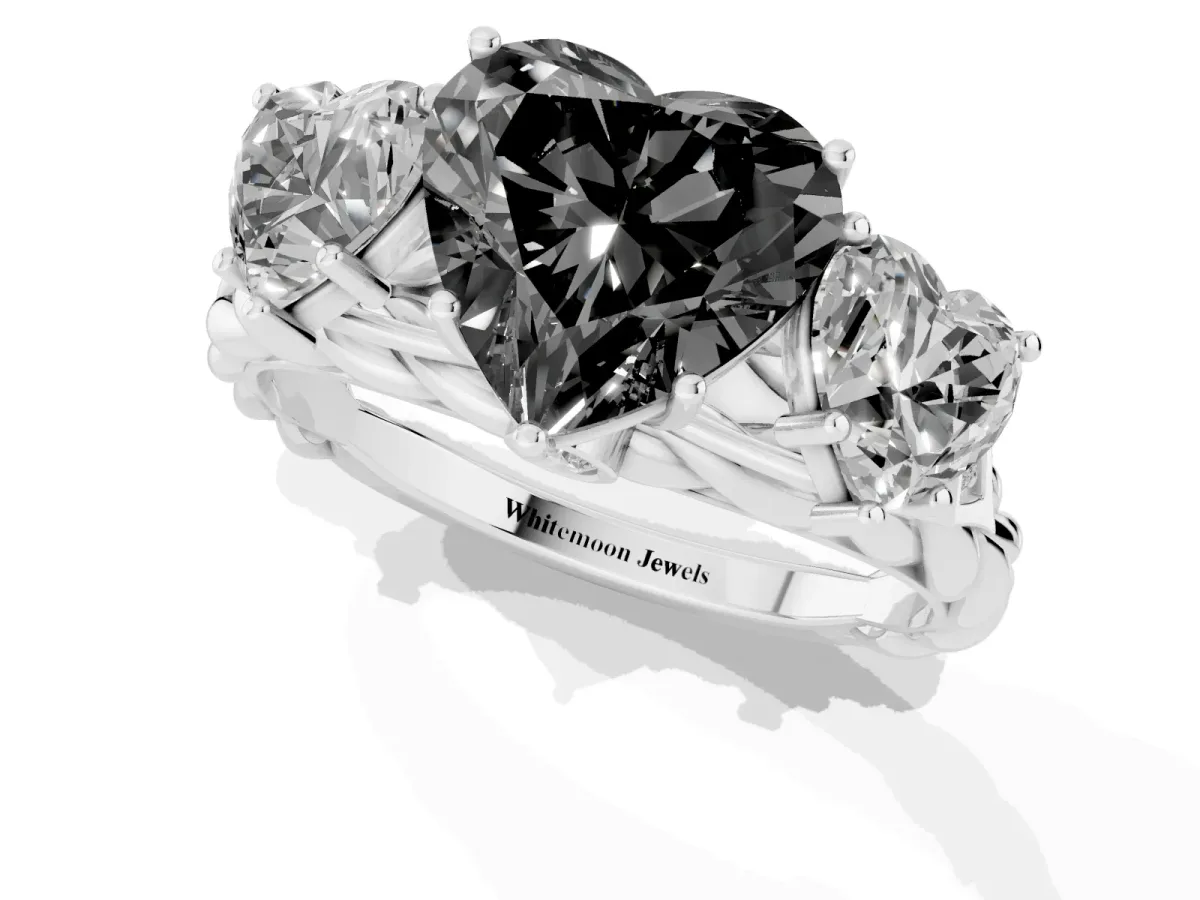 Fancy Black Three-Stone Heart Cut Diamond Braided Band Ring with Four-Prong Setting Silver