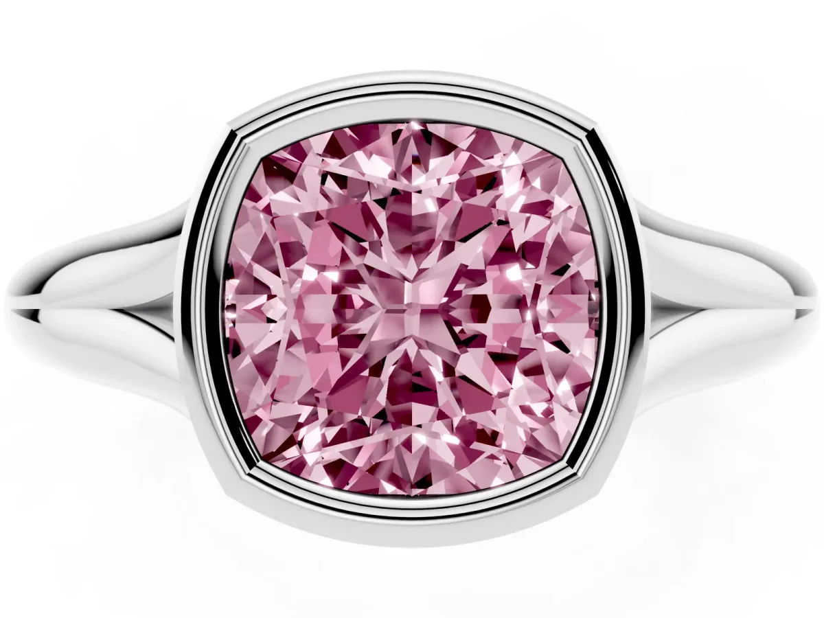 Fancy Pink Bezel Set Cushion Cut Solitaire Diamond Ring with Smooth Band Platinum