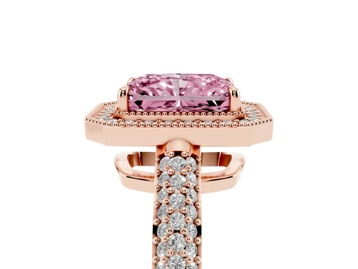 Fancy Pink Radiant Cut Cut Halo Diamond Pave Band with Four-Prong Setting Rose gold
