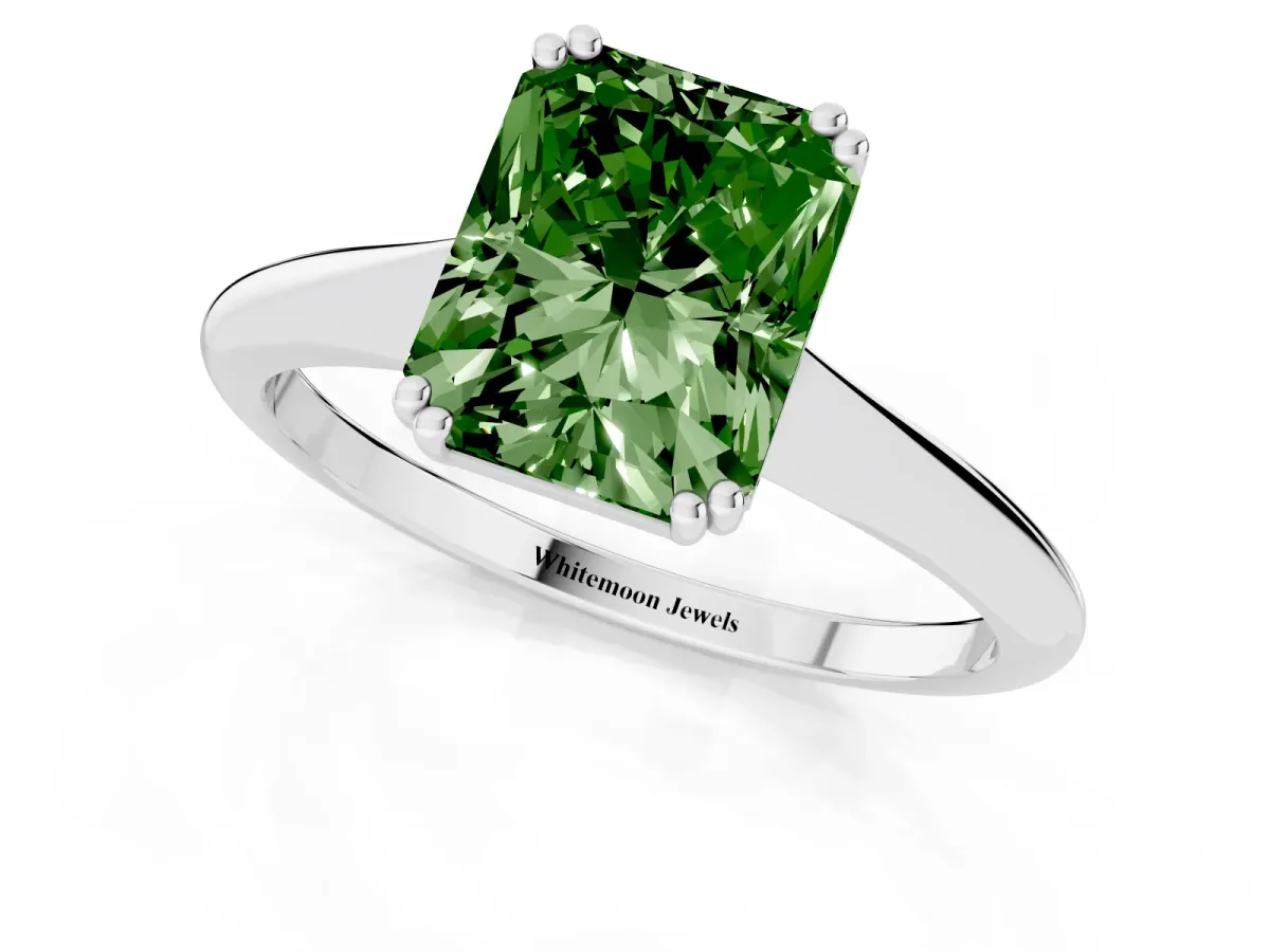 Fancy Green Radiant Cut Solitaire Diamond Ring with Six-Prong Setting and Classic Band White gold