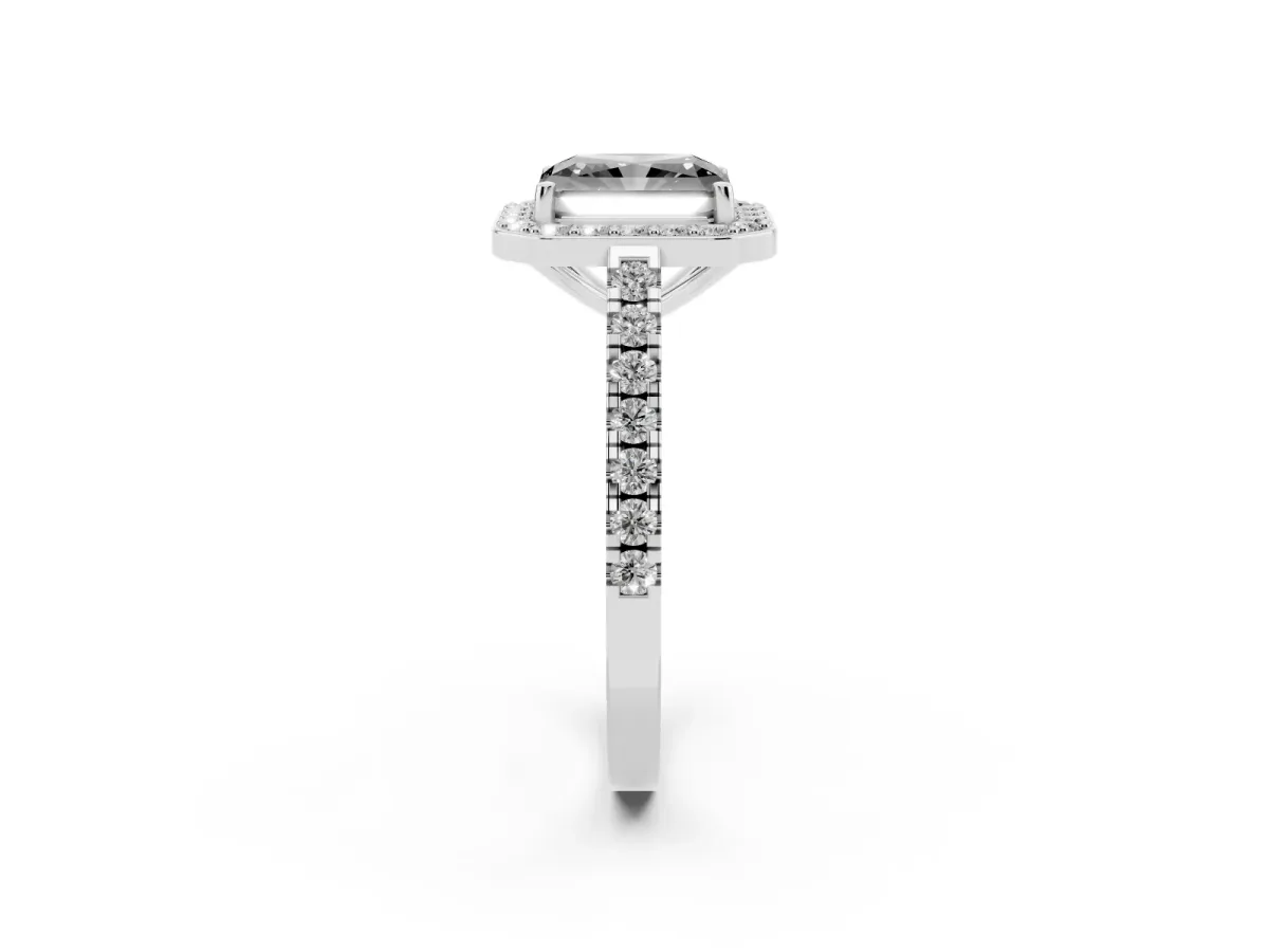 Fancy Black Radiant Cut Diamond Halo Ring with Round Pavé Split Shank and Prong Setting Silver