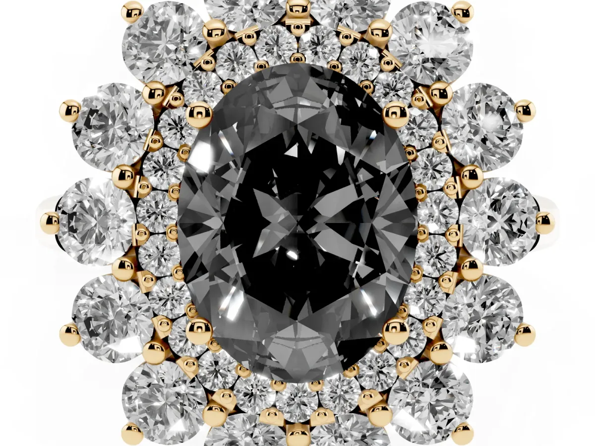 Fancy Black Oval Cut Diamond Floral Double Halo Engagement Ring with Prong Setting Yellow gold