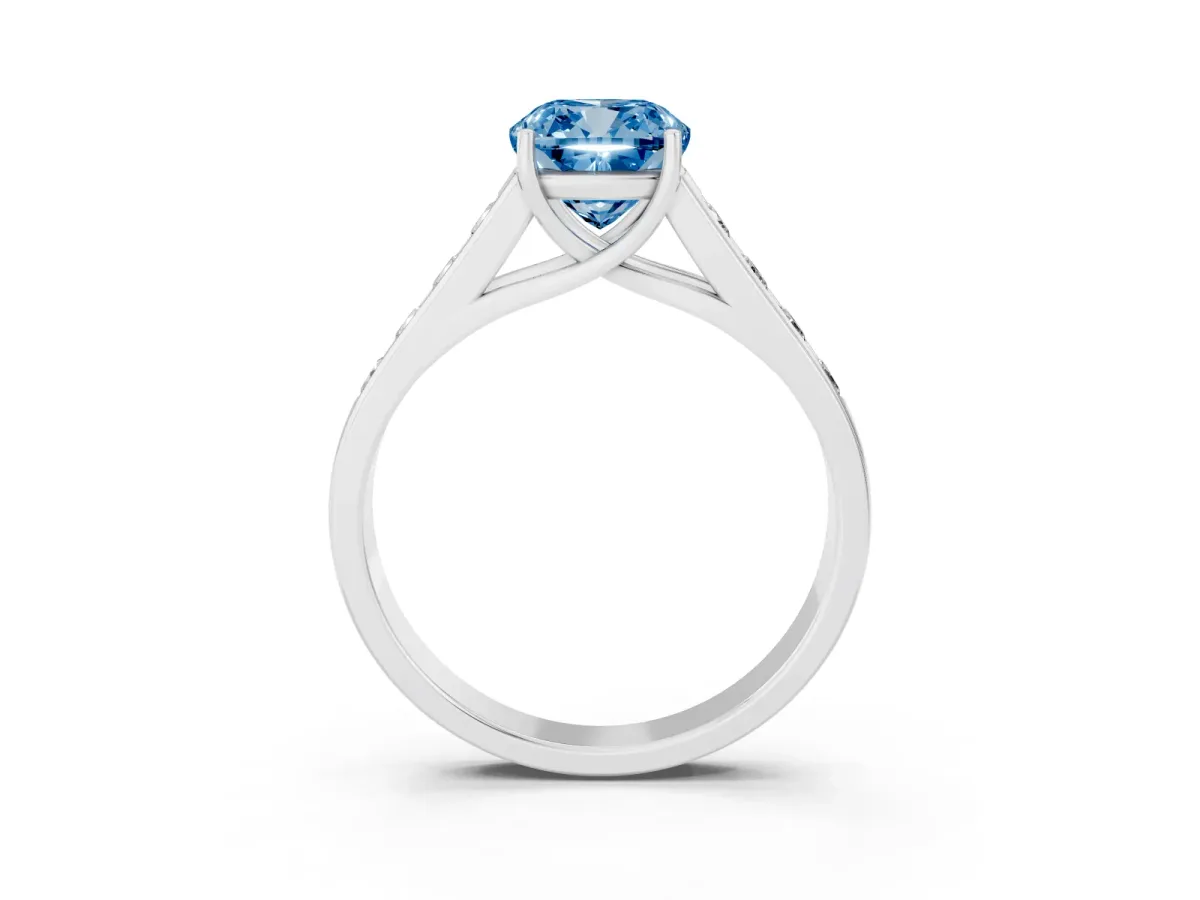 Fancy Blue Cushion Cut Brilliant Channel-Set Solitaire Ring with Four-Prong Setting Silver