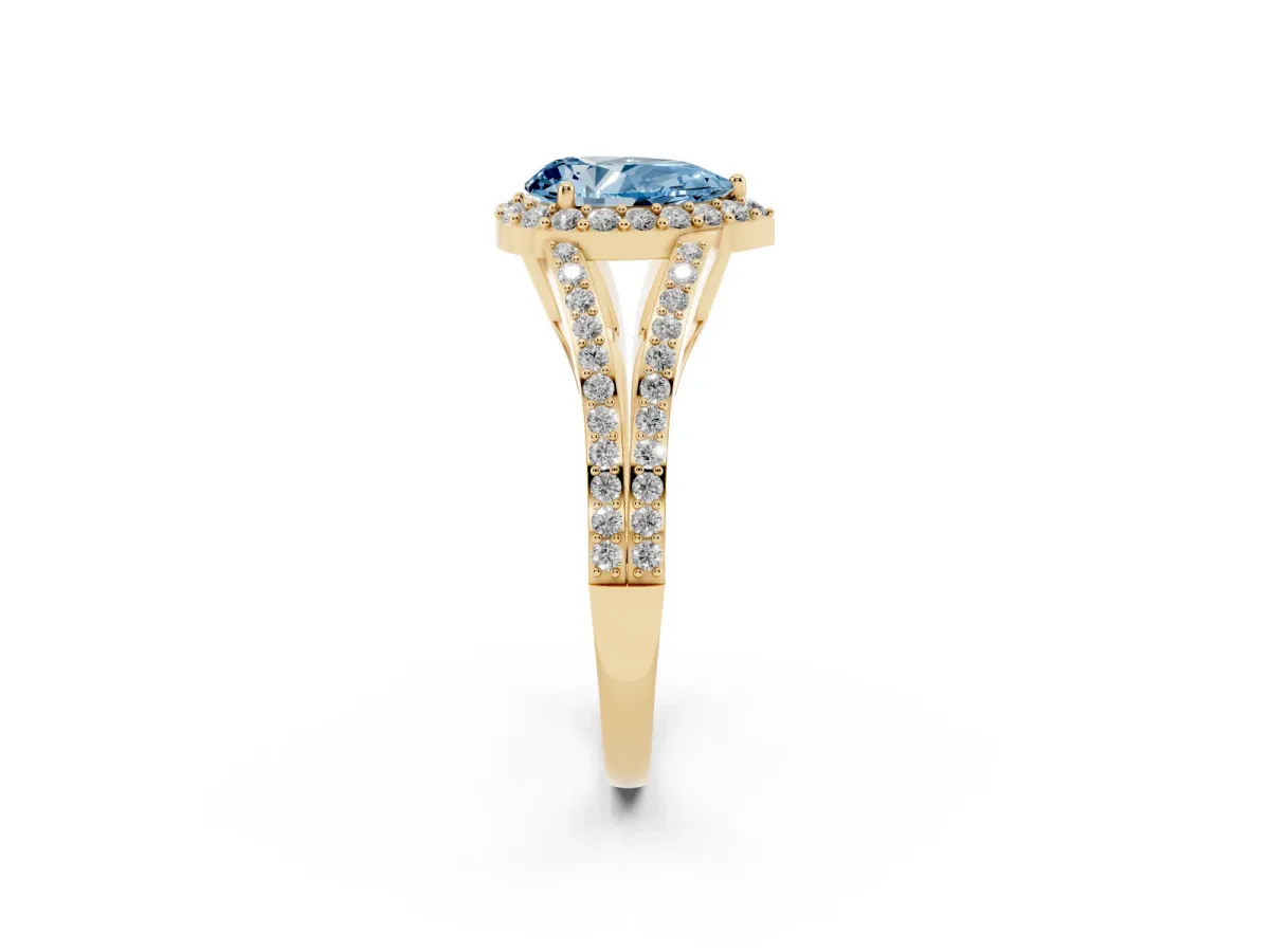 Fancy Blue Pear Cut Halo Split Shank Pave Diamond Ring with Four-Prong Setting Yellow gold