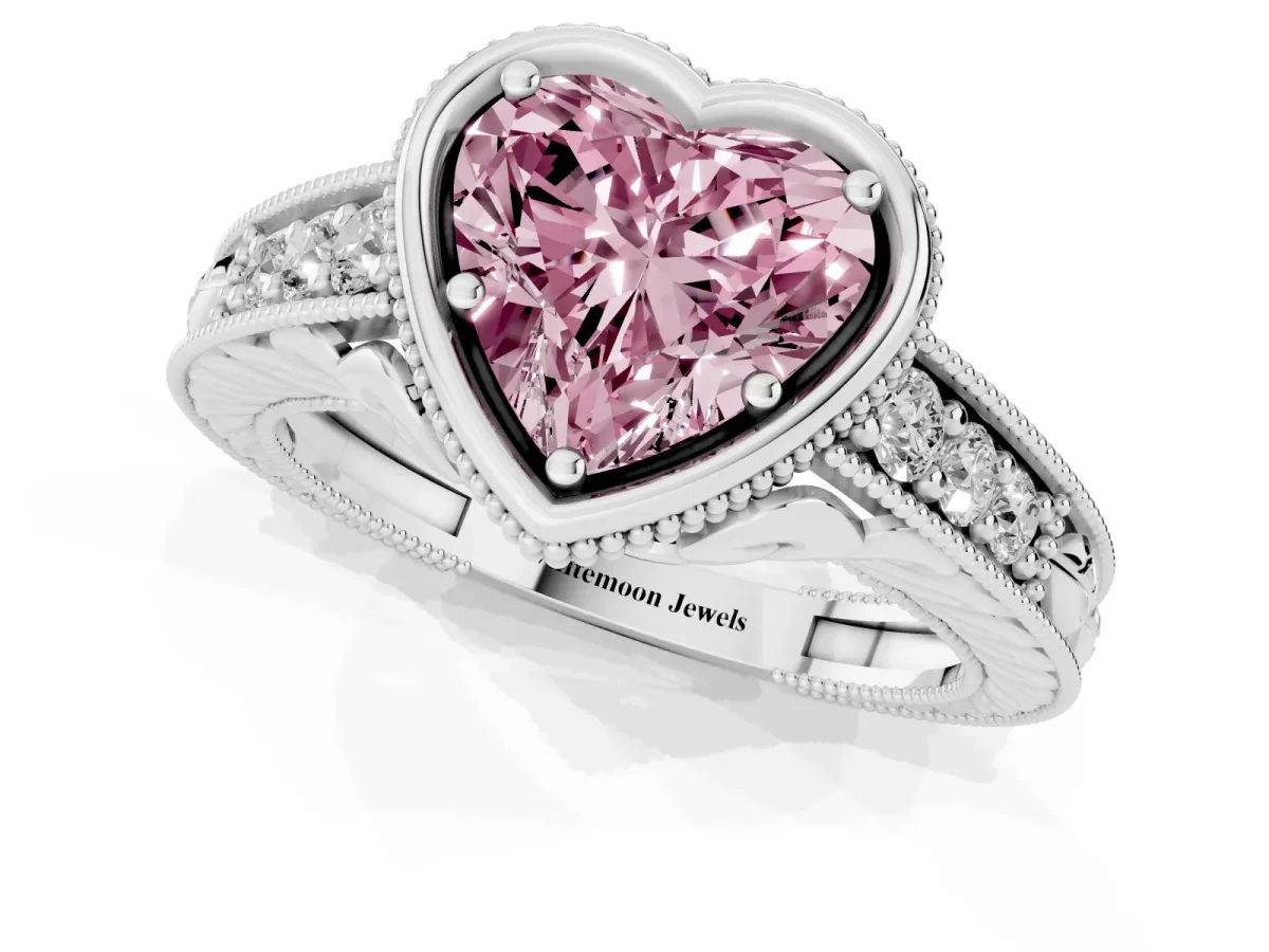 Fancy Pink Bezel Set Heart Cut Diamond Milgrain Pave Engagement Ring Silver