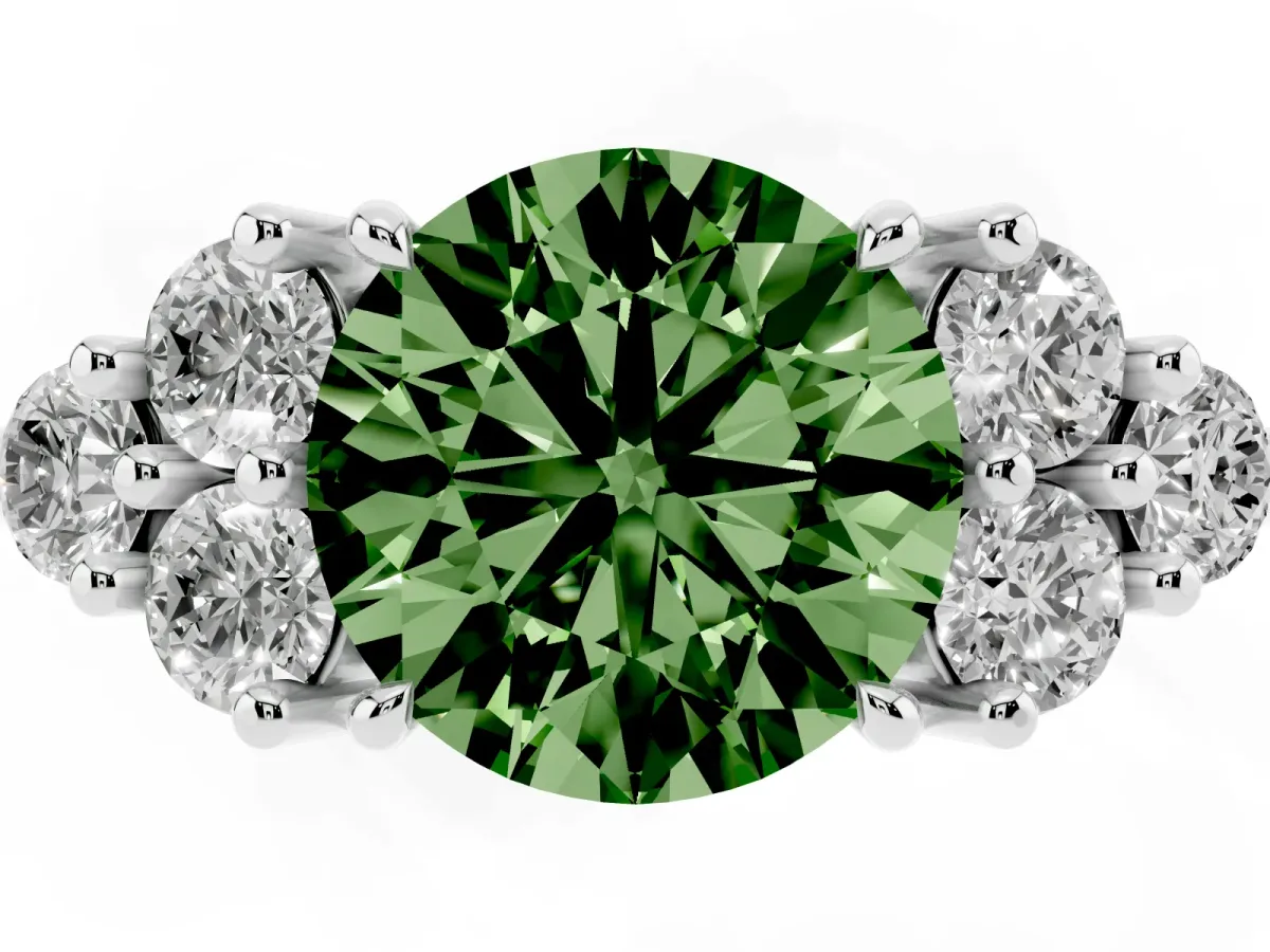 Fancy Green Round Cut Brilliant Diamond Cluster Accent Solitaire Ring with Prong Setting Silver