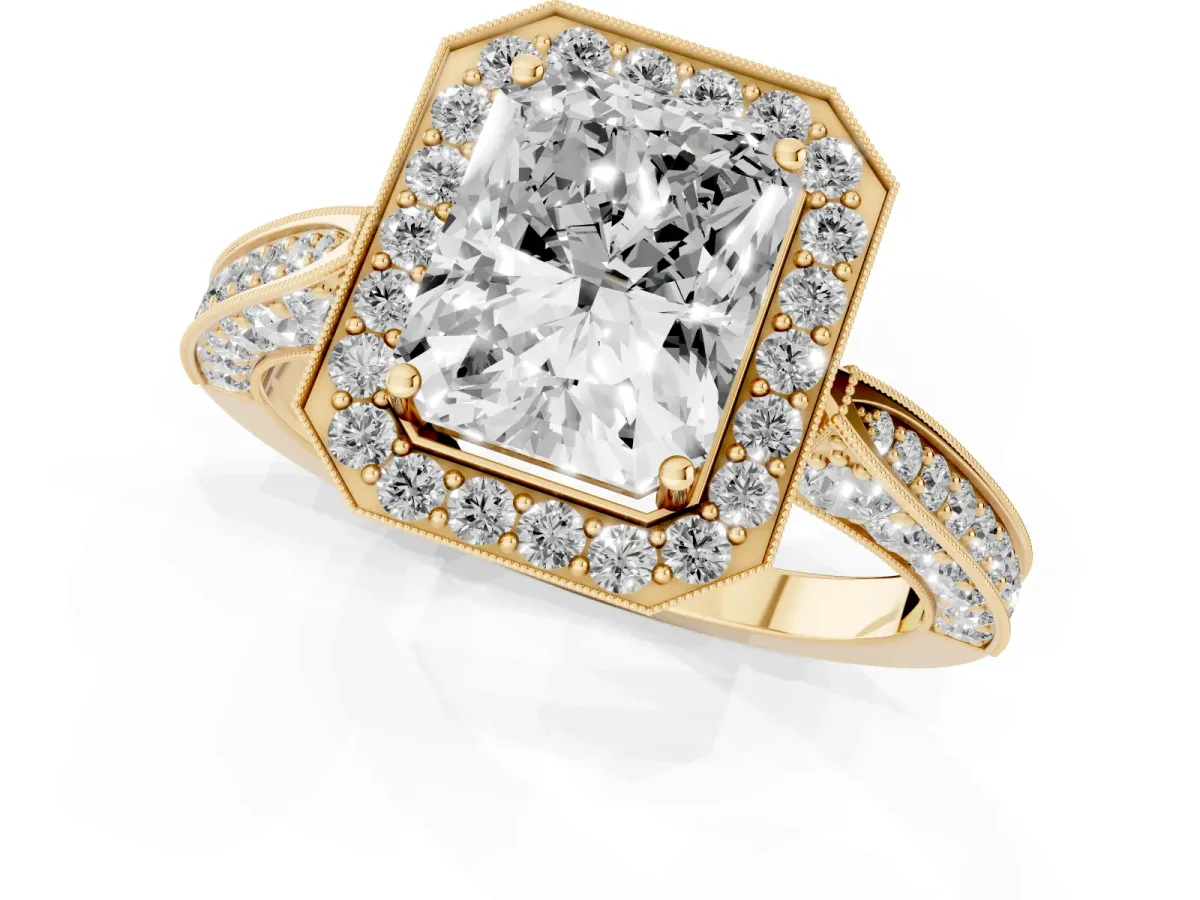 Radiant Cut Halo Diamond Engagement Ring with Split Shank Band and Four-Prong Setting Yellow gold