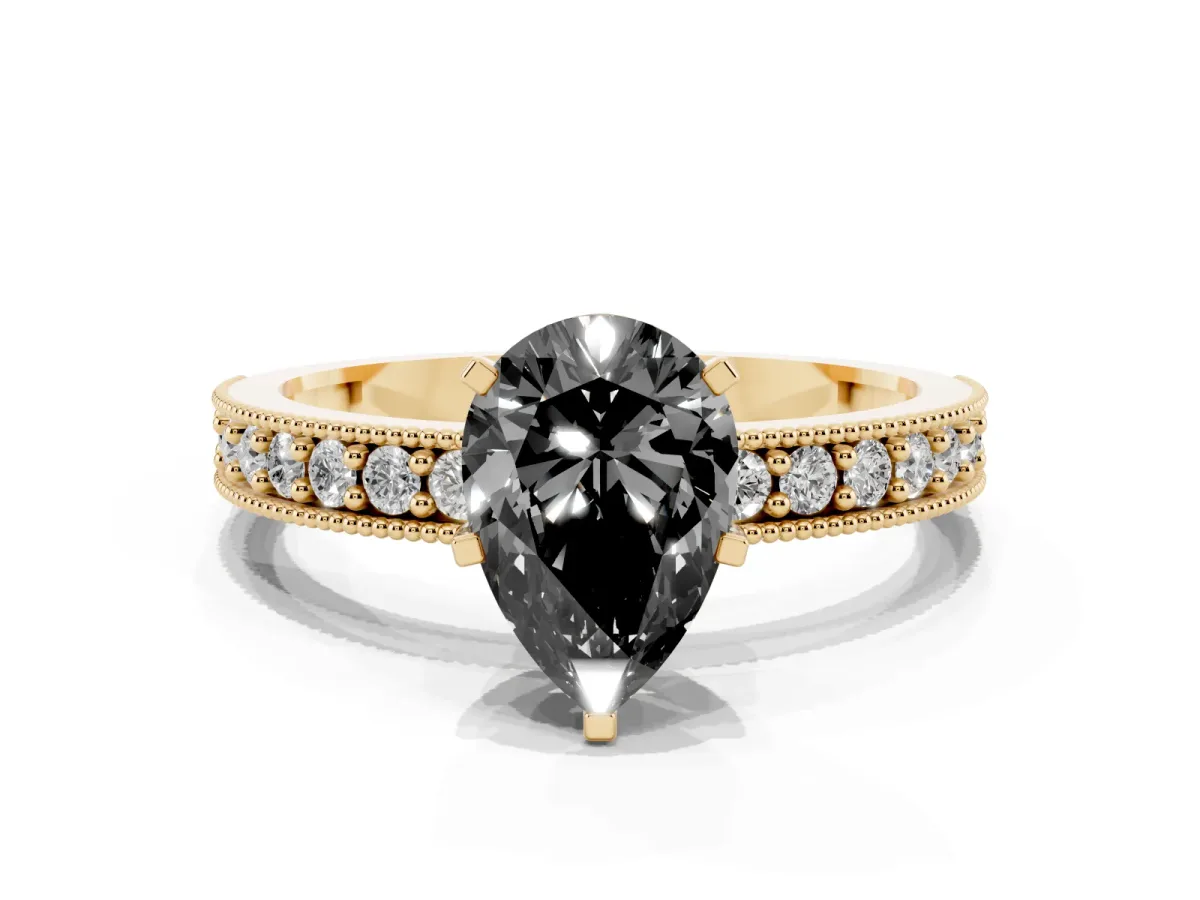 Fancy Black Pear Cut Diamond Milgrain Pavé Engagement Ring with Four-Prong Setting Yellow gold