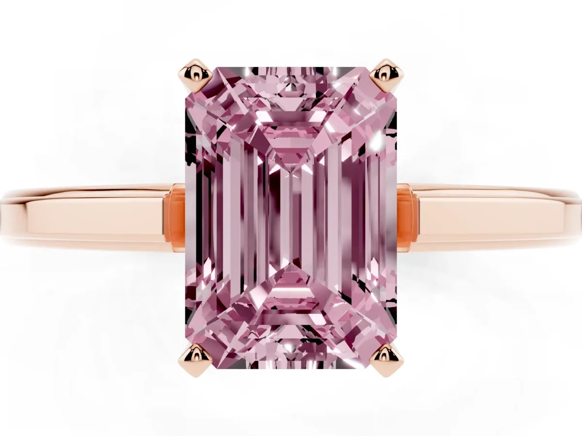 Fancy Pink Emerald Cut Solitaire Diamond Ring with Four-Prong Setting and Classic Band Rose gold
