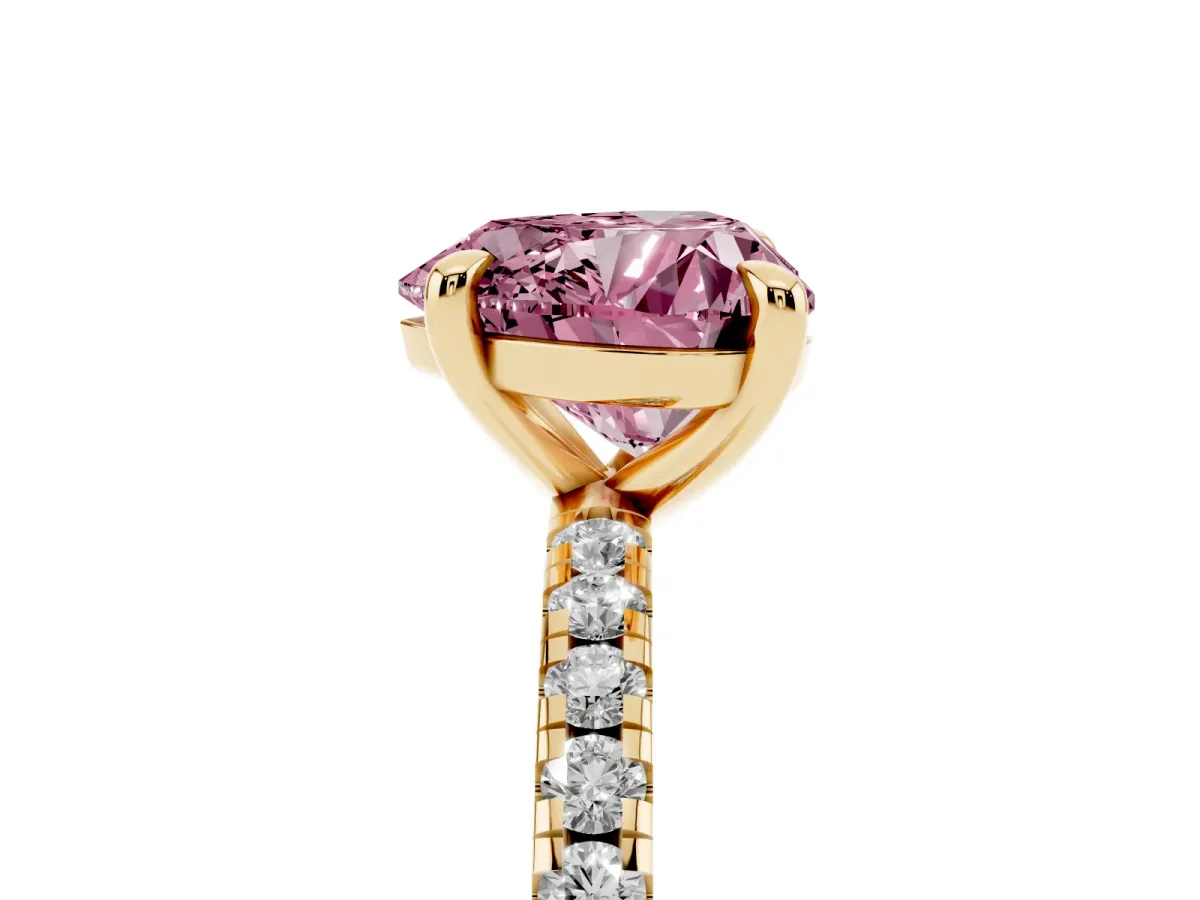 Fancy Pink Heart Cut Diamond Brilliant Solitaire Ring with Pavé Band and Four-Prong Setting Yellow gold