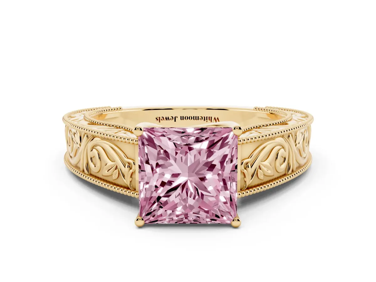 Fancy Pink Princess Cut Diamond Solitaire Ring with Engraved Band and Four-Prong Setting Yellow gold