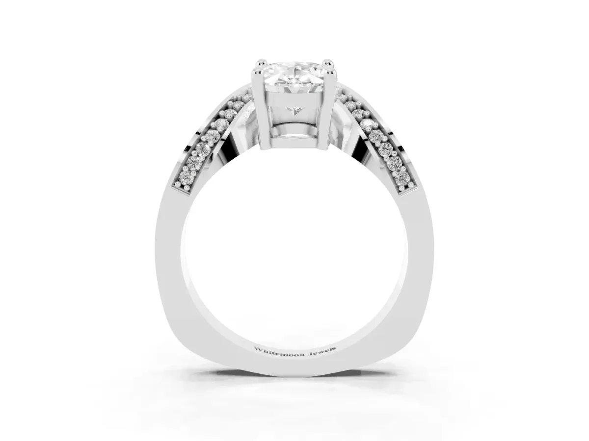 Oval Cut Solitaire Diamond Engagement Ring with Pave Band and Four-Prong Setting Silver