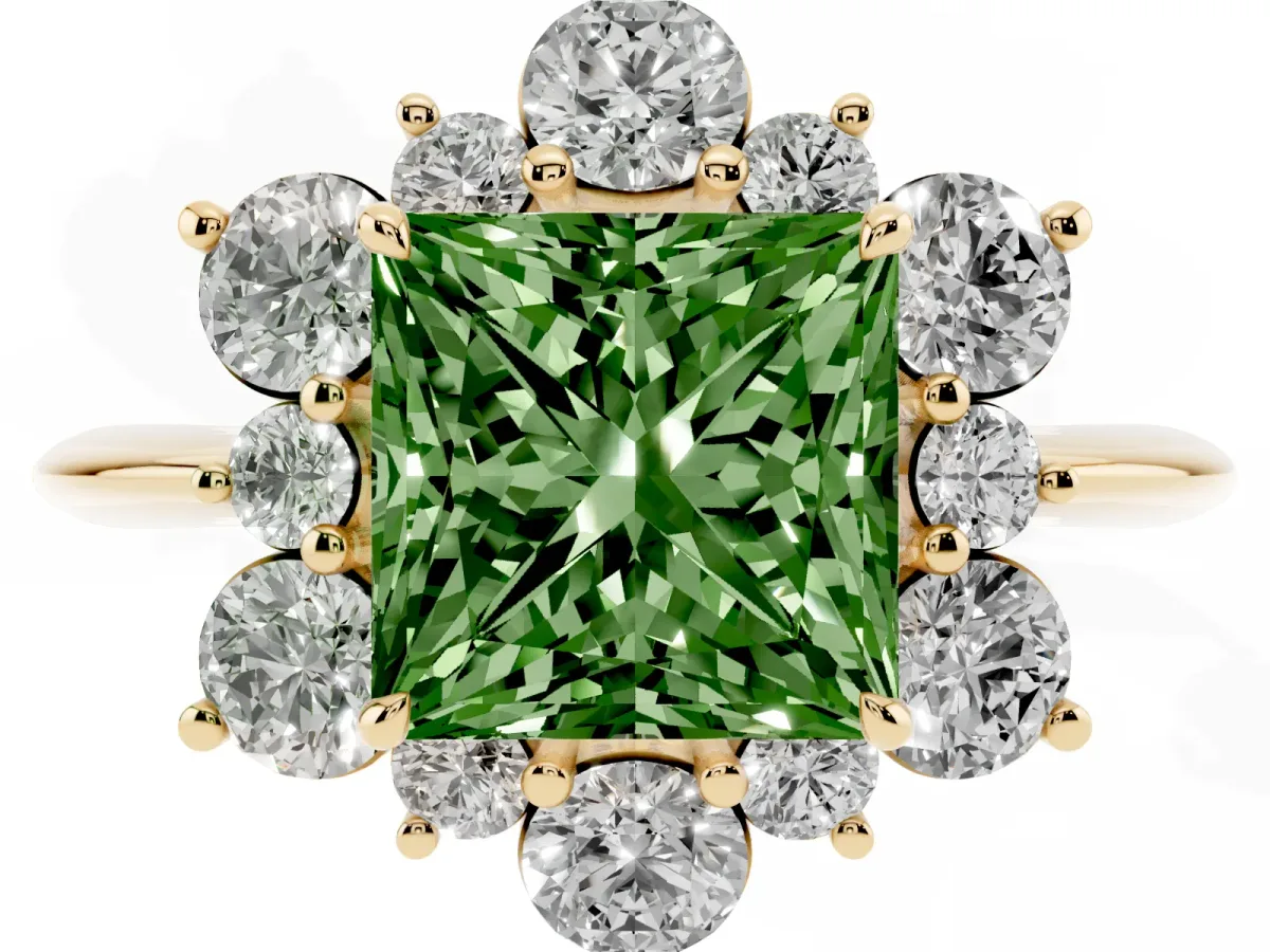 Fancy Green Princess Cut Diamond Cluster Halo Ring with Solitaire Band and Four-Prong Setting Yellow gold