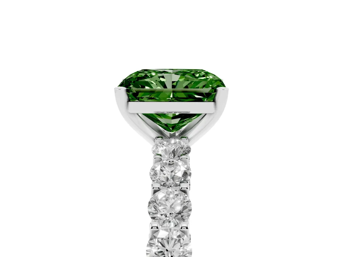 Fancy Green Radiant Cut Diamond Solitaire Ring with Shared Prong Pavé Band and Four-Prong Setting Silver