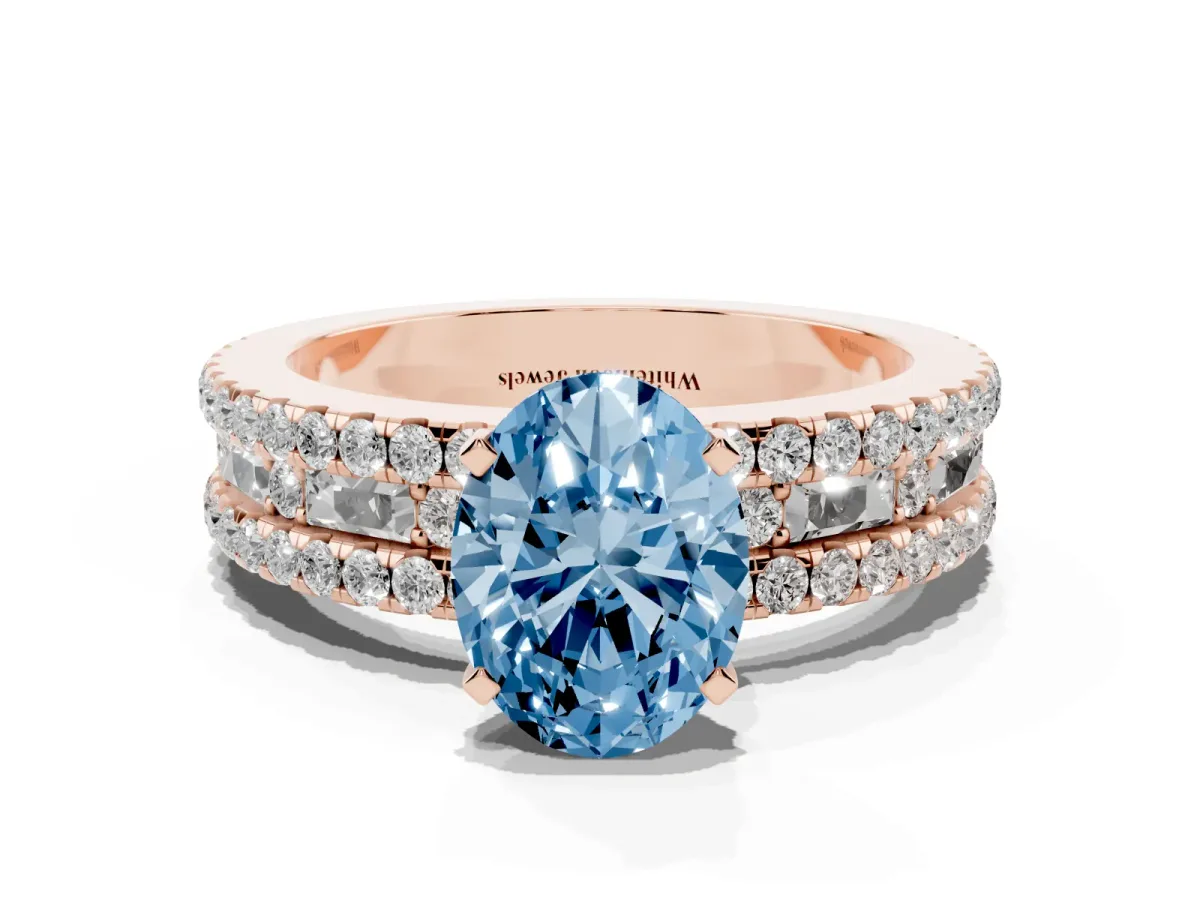 Fancy Blue Oval Cut Diamond Solitaire Ring with Pavé and Channel Set Band Rose gold