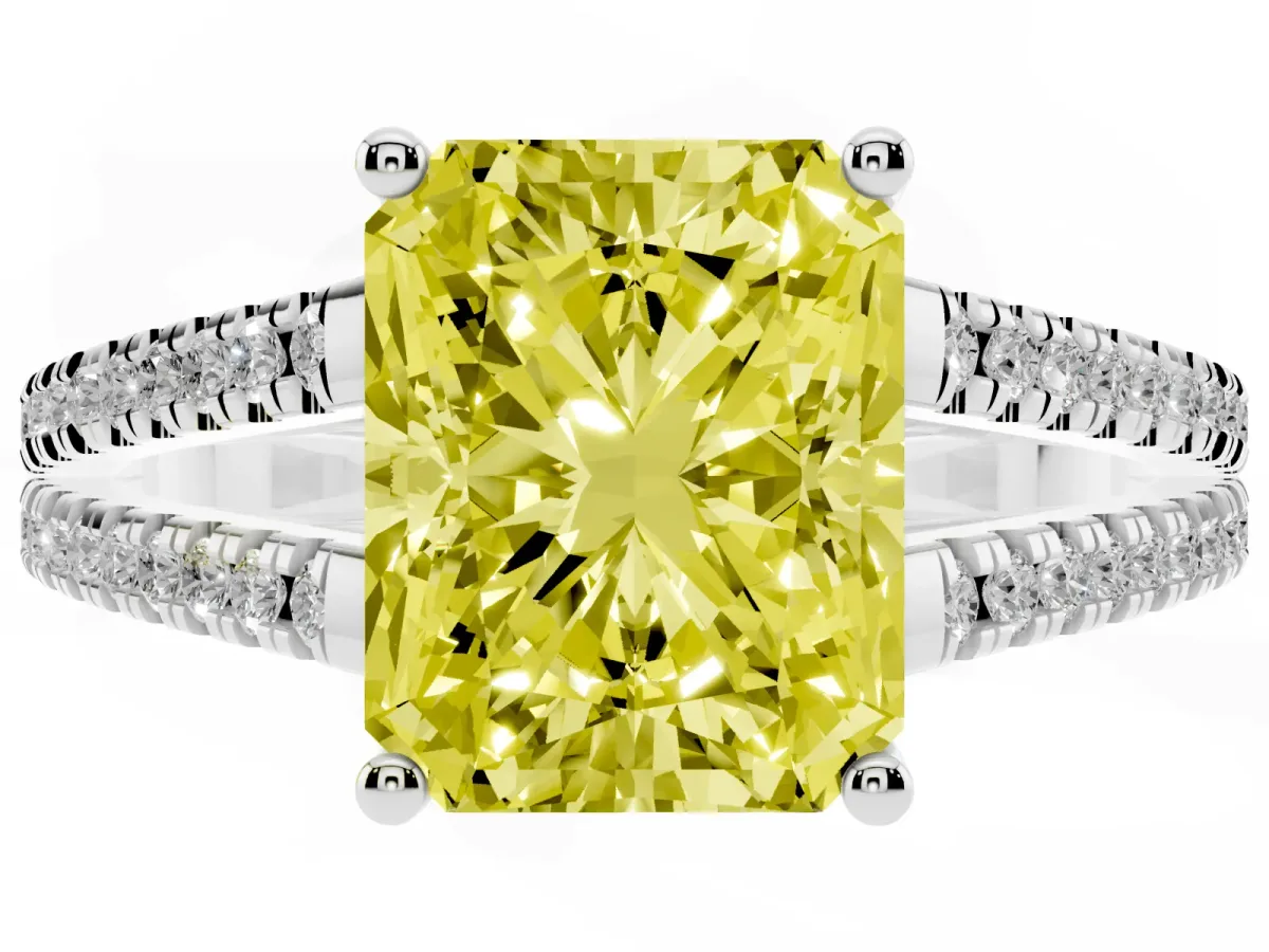 Fancy Yellow Radiant Cut Diamond Solitaire Engagement Ring with Split Shank Pavé Band Silver