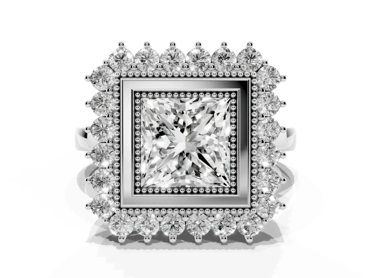 Princess Cut Halo Diamond Ring with Milgrain Edge and Round Prong Setting Silver