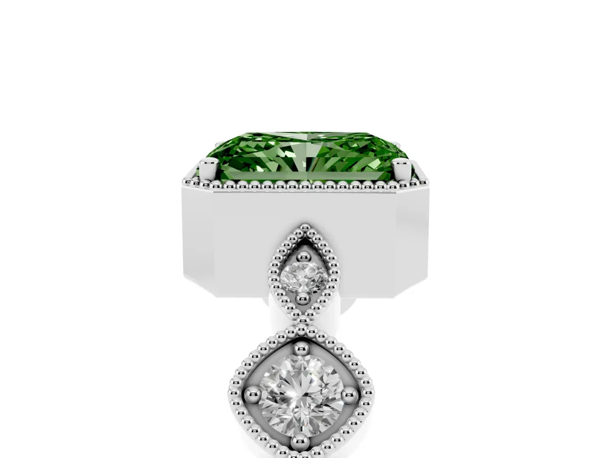 Fancy Green Radiant Cut Diamond Vintage Milgrain Ring with Round Stations Silver