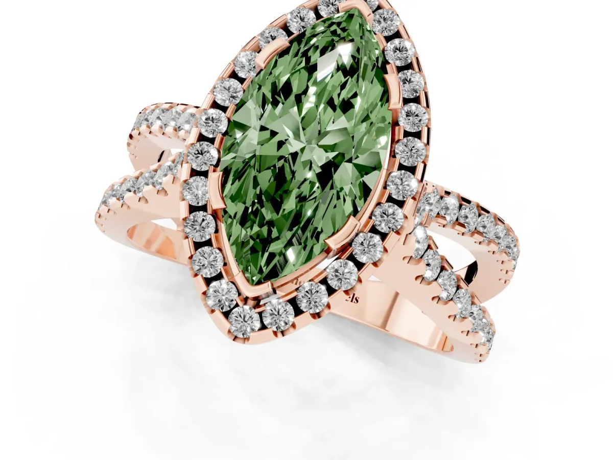 Fancy Green Marquise Cut Diamond Halo Ring with Split Shank Pavé Band and Prong Setting Rose gold