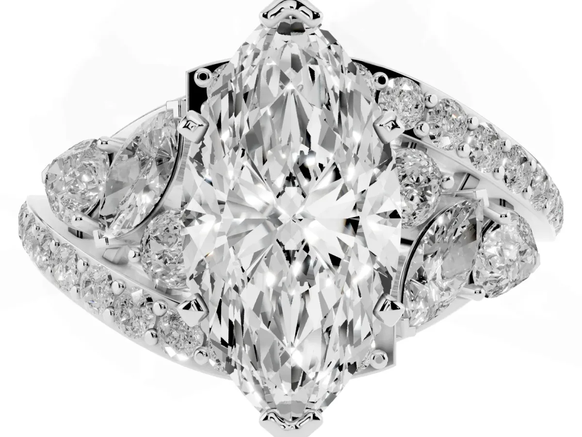 Marquise Cut Diamond Halo Ring with Marquise and Pavé Band in Prong Setting Platinum