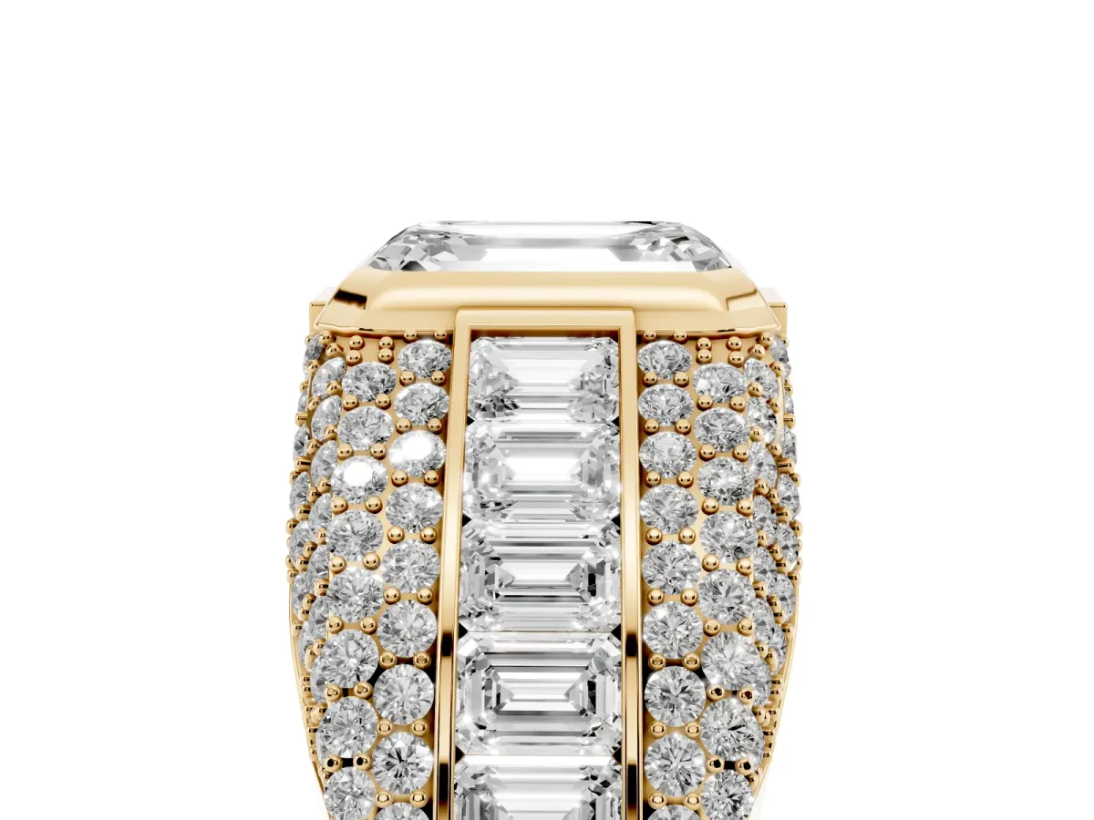Emerald Cut Diamond Mens Ring with Side Stones Yellow gold