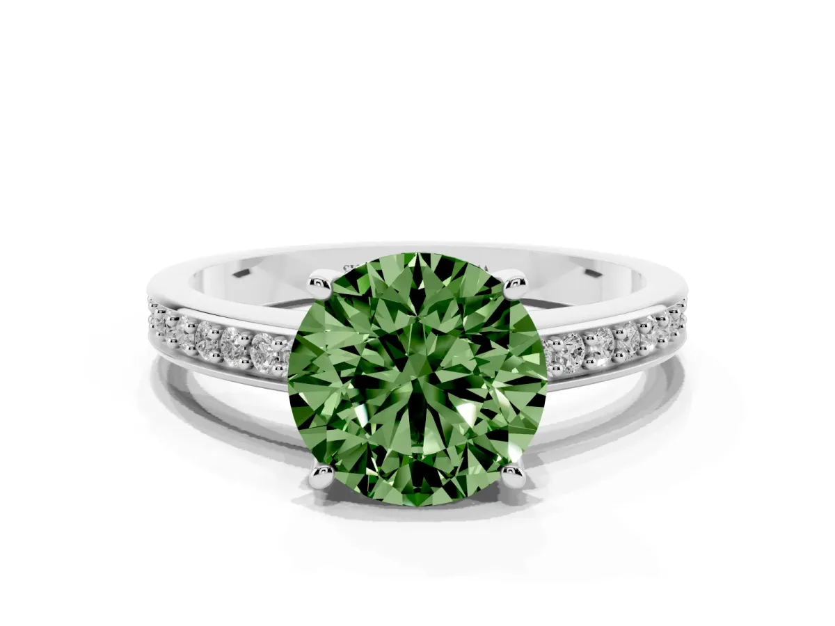 Fancy Green Round Cut Solitaire Pavé Band Prong Setting Ring Silver
