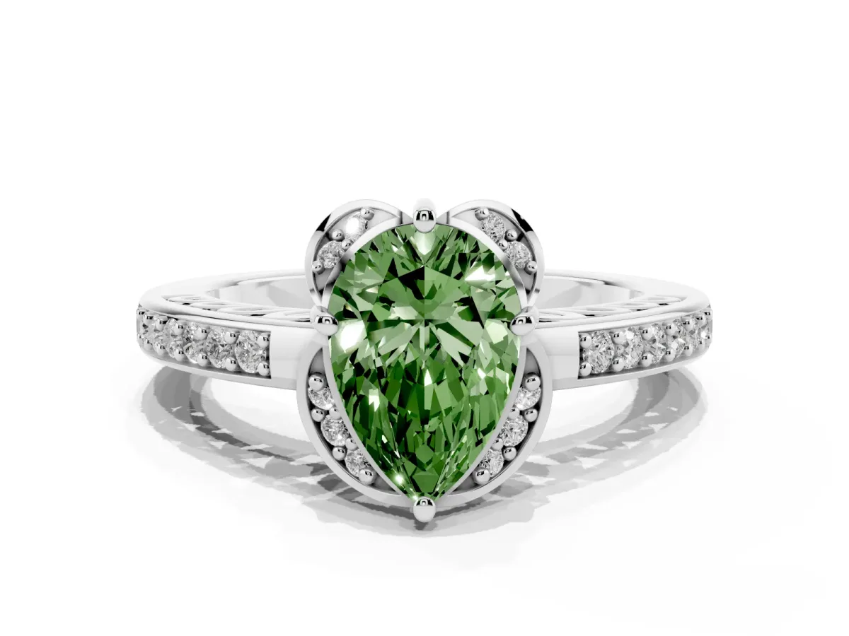 Fancy Green Pear Cut Cut Halo Diamond Ring with Channel Set Band and Four-Prong Setting Platinum