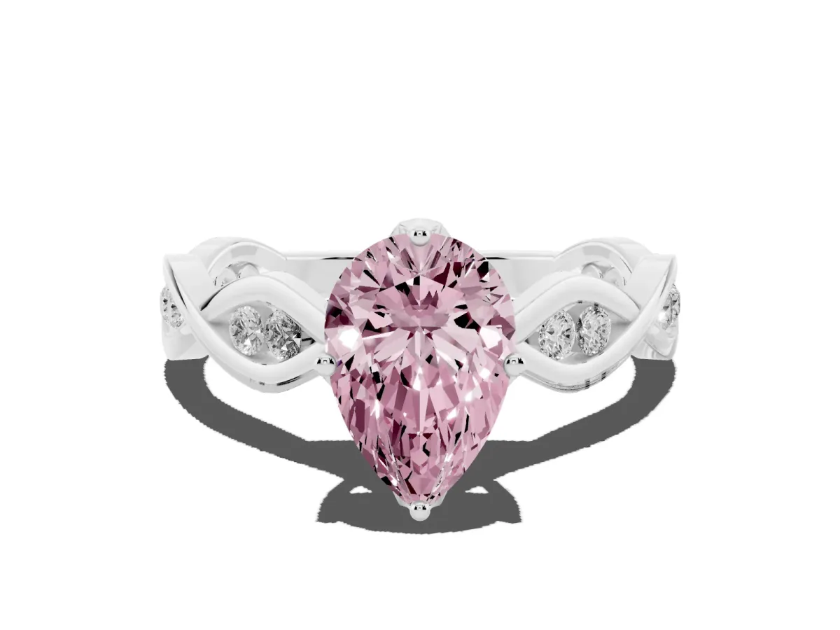 Fancy Pink Pear Cut Solitaire Twist Band with Leaf Prong Setting Platinum