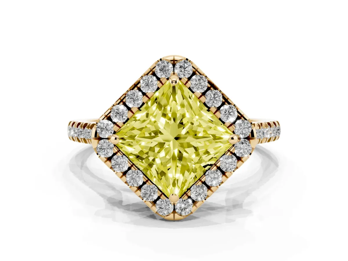 Fancy Yellow Princess Cut Diamond Cushion Halo Ring with Pavé Band Yellow gold