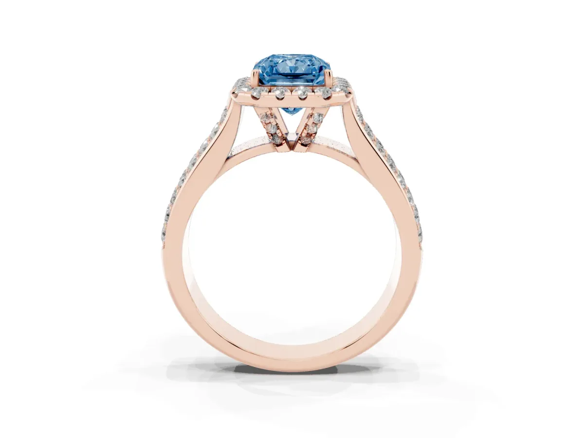 Fancy Blue Radiant Cut Halo Round Diamond Pave Band with Prong Setting Rose gold