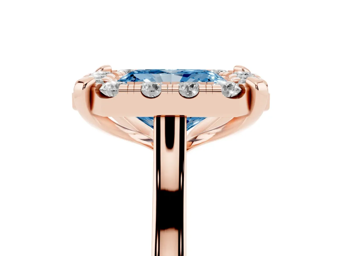 Fancy Blue Radiant Cut Diamond Cluster Halo Solitaire with Four-Prong Setting Rose gold