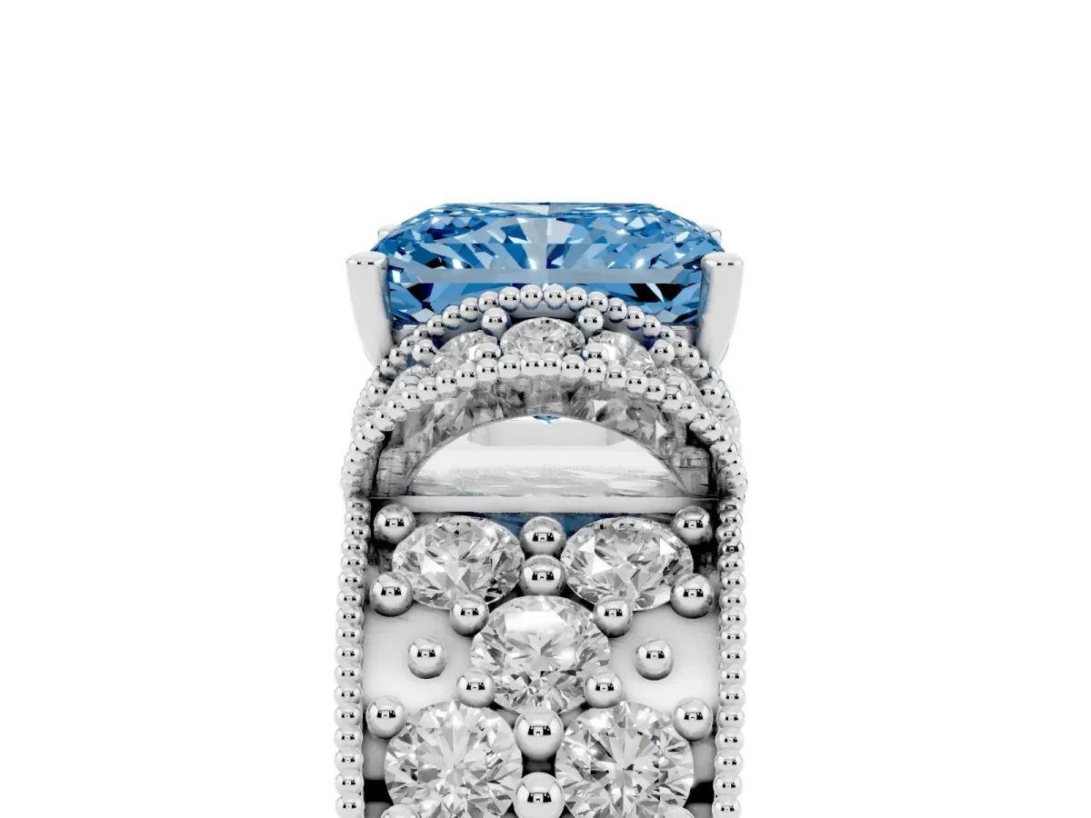 Fancy Blue Radiant Cut Halo Pave Diamond Engagement Ring with Milgrain Detailing Silver