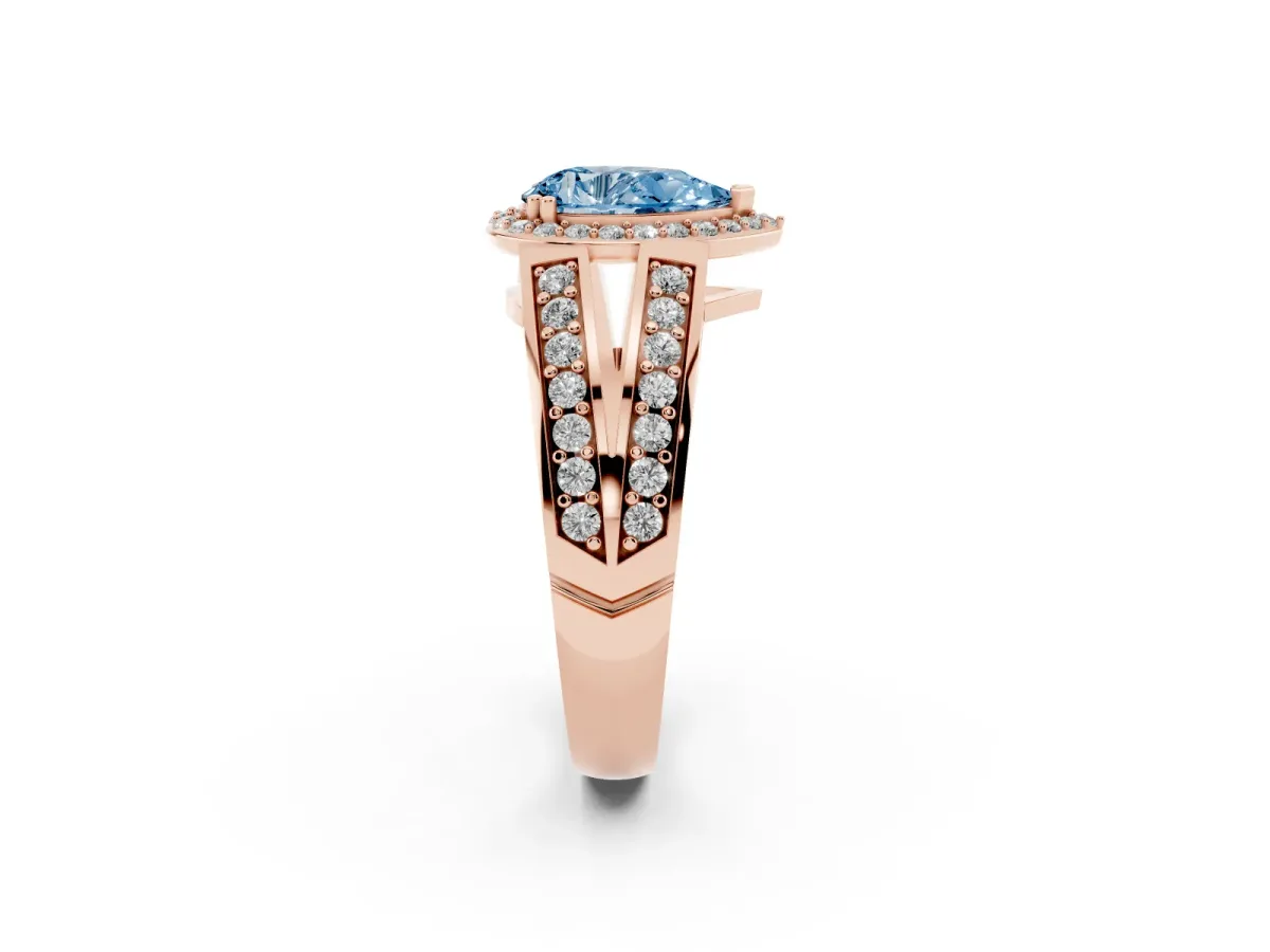 Fancy Blue Pear Cut Diamond Halo Ring with Split Shank Pavé Band and Four-Prong Setting Rose gold