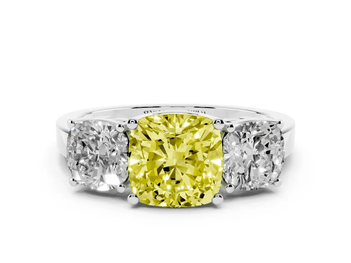 Fancy Yellow Three-Stone Cushion Cut Cut Diamond Engagement Ring with Flat Band and Four-Prong Setting Silver