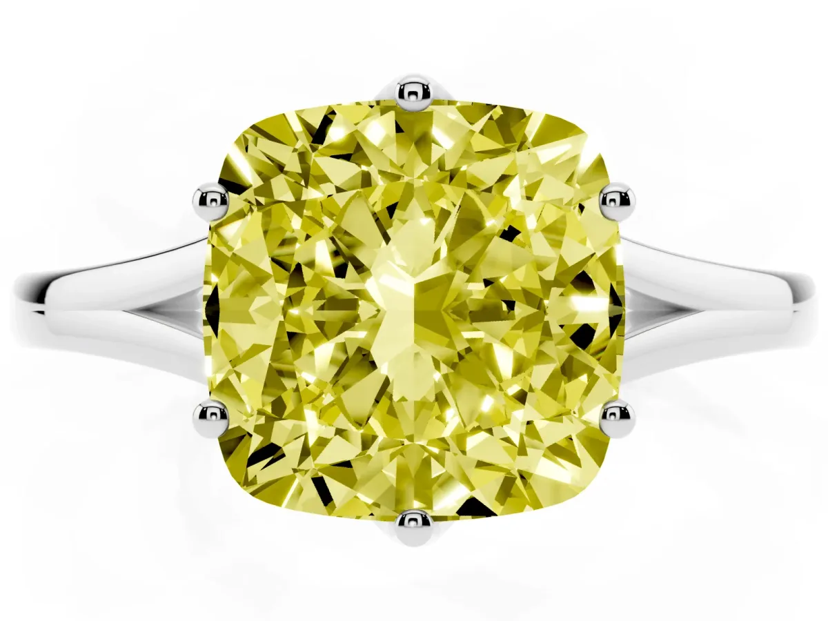 Fancy Yellow Cushion Cut Solitaire Diamond Ring with Six-Prong Setting and Tapered Band Silver