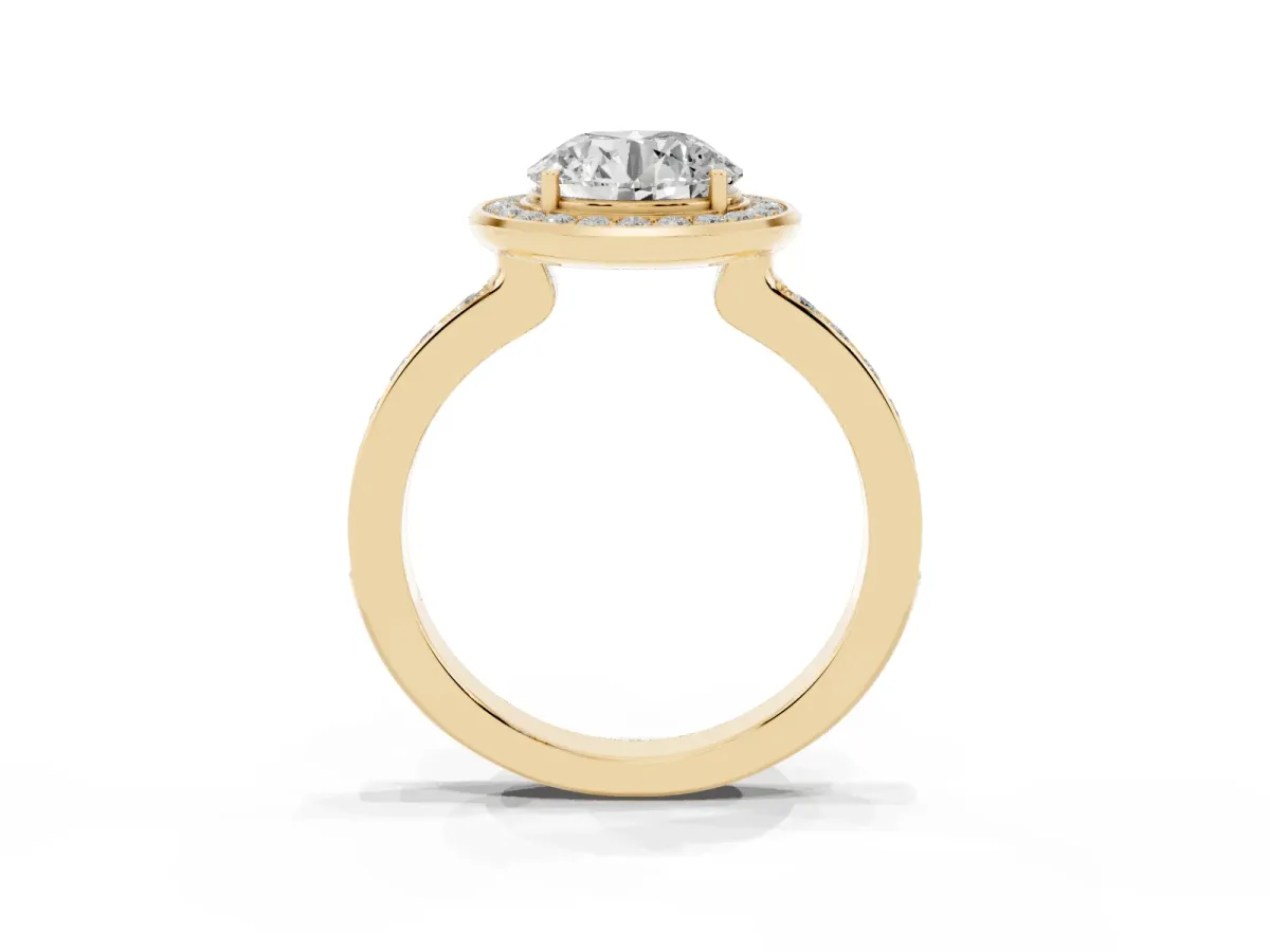 Round Cut Diamond Halo Ring with Bezel Frame and Pavé Band Yellow gold
