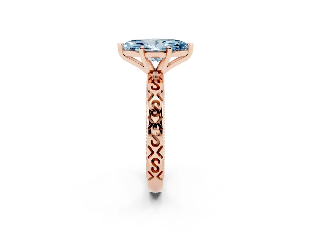 Fancy Blue Marquise Cut Solitaire Engagement Ring with Scrollwork Band and Four-Prong Setting Rose gold