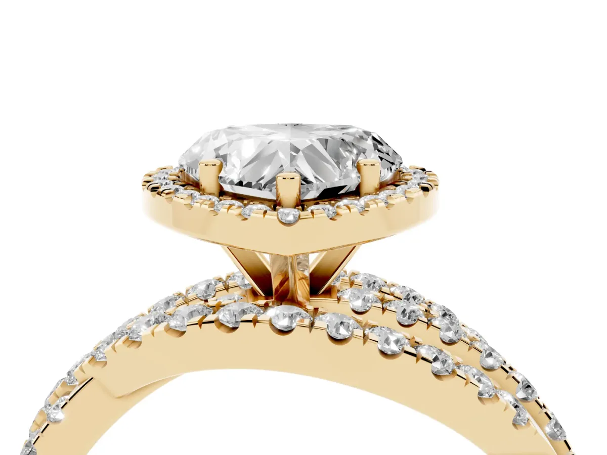 Heart Cut Diamond Halo Ring with Round Split Shank and Prong Setting Yellow gold