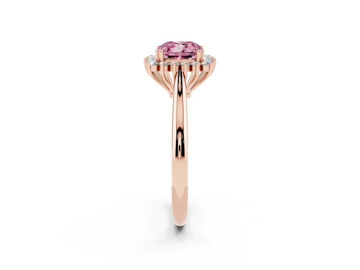 Fancy Pink Cushion Cut Cut Diamond Halo Ring with Solitaire Band and Prong Setting Rose gold