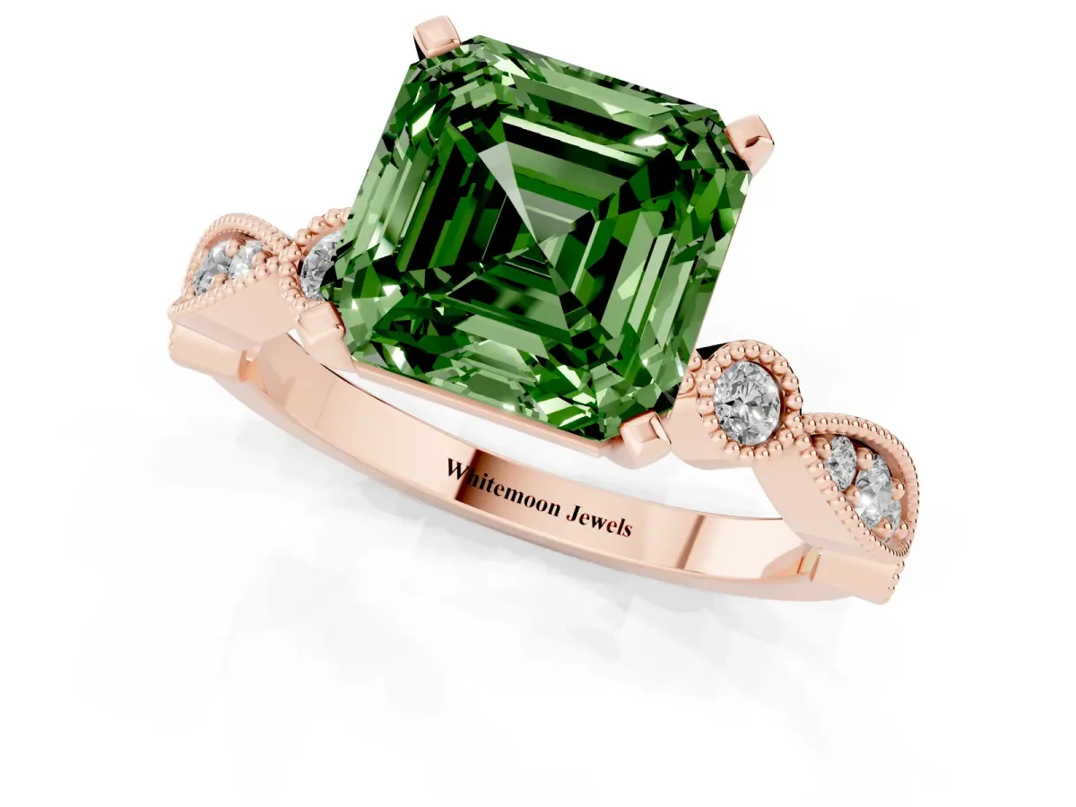 Fancy Green Asscher Cut Milgrain Bezel Diamond Engagement Ring with Solitaire Prong Setting Rose gold