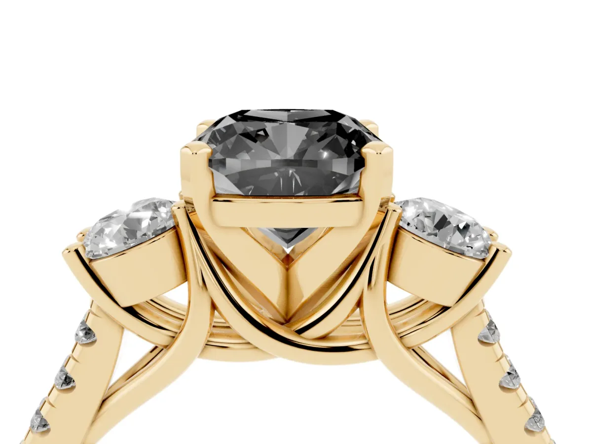 Fancy Black Three-Stone Cushion Cut Diamond Pavé Band with Four-Prong Setting Yellow gold