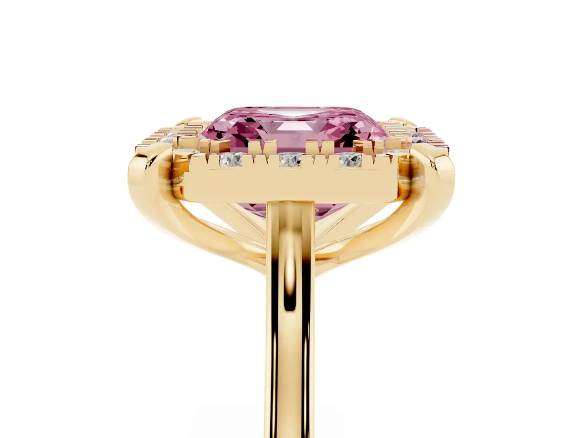 Fancy Pink Asscher Cut Diamond Cluster Halo Solitaire with Four-Prong Setting Yellow gold