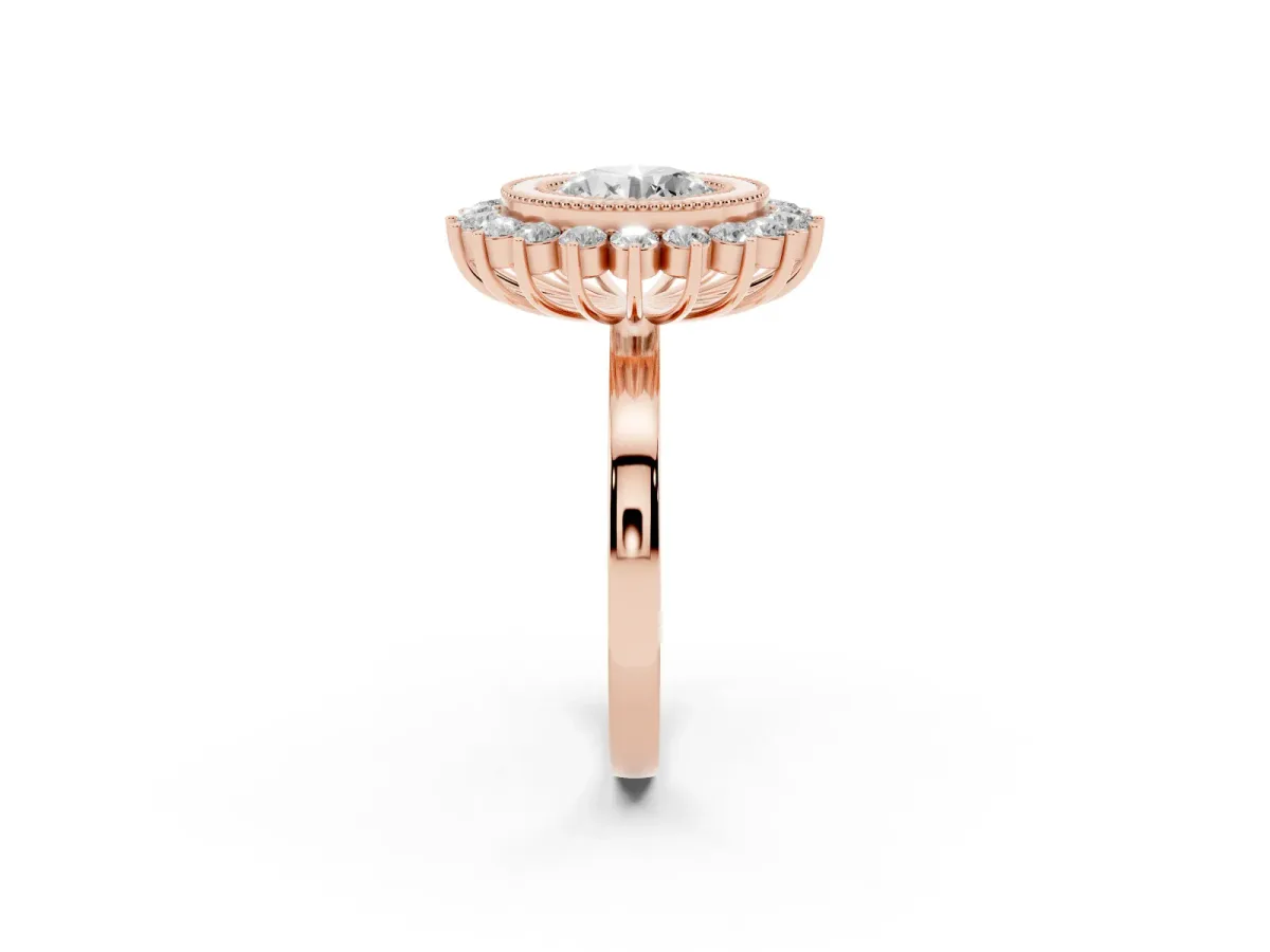 Round Cut Halo Diamond Ring with Milgrain Edge and Round Prong Setting Rose gold