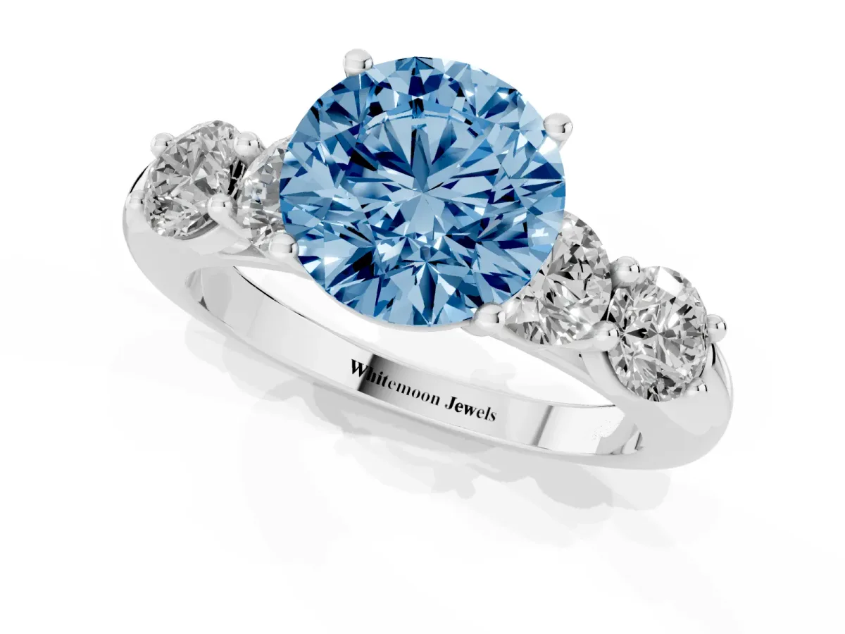 Fancy Blue Round Cut Cut Five-Stone Prong Set Diamond Ring with Classic Band Silver